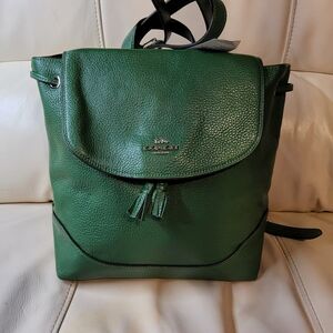 Coach Forest Green Leather Backpack With Silver Harware